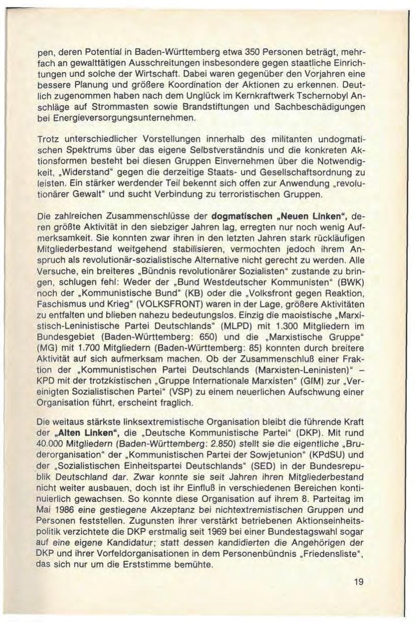 Seite 21 des Verfassungsschutzbericht 1986 Baden-Württemberg