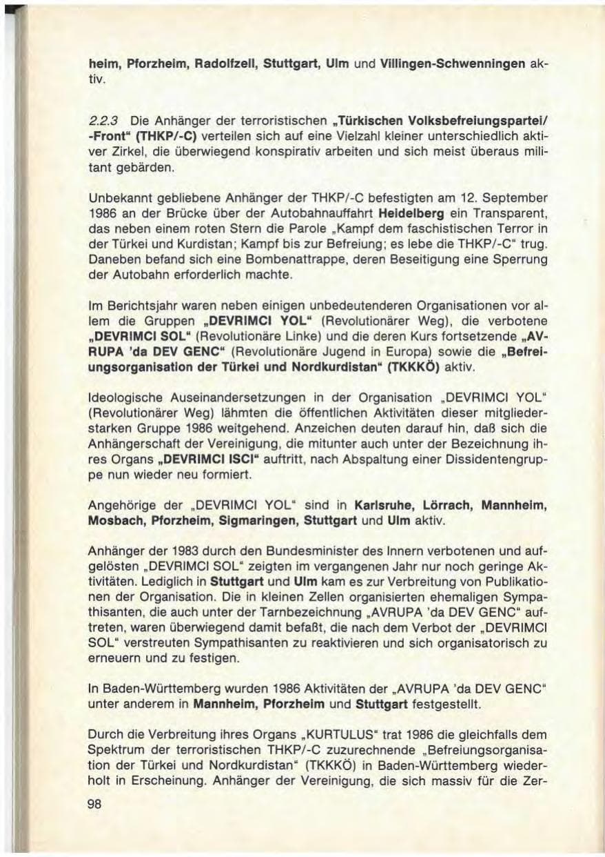 Seite 100 des Verfassungsschutzbericht 1986 Baden-Württemberg