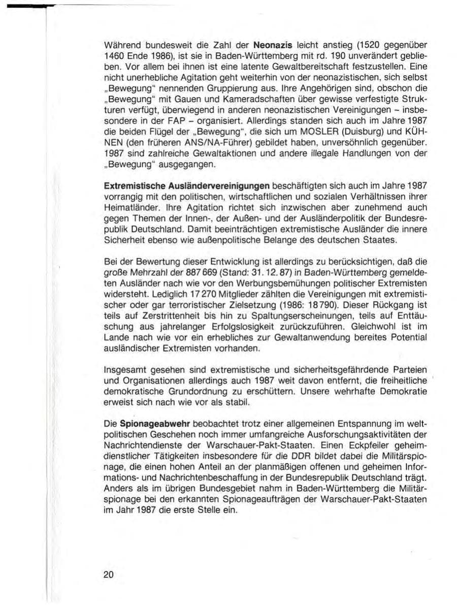 Seite 22 des Verfassungsschutzbericht 1987 Baden-Württemberg