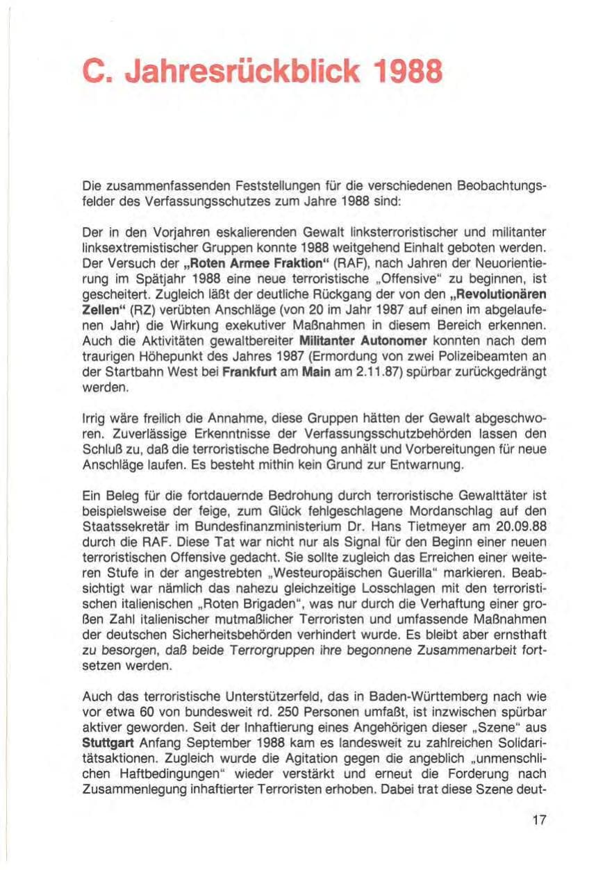 Seite 19 des Verfassungsschutzbericht 1988 Baden-Württemberg