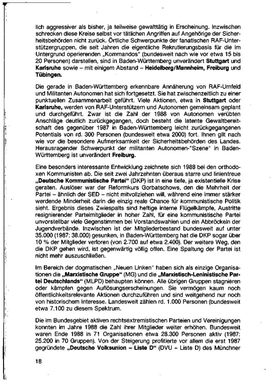 Seite 20 des Verfassungsschutzbericht 1988 Baden-Württemberg
