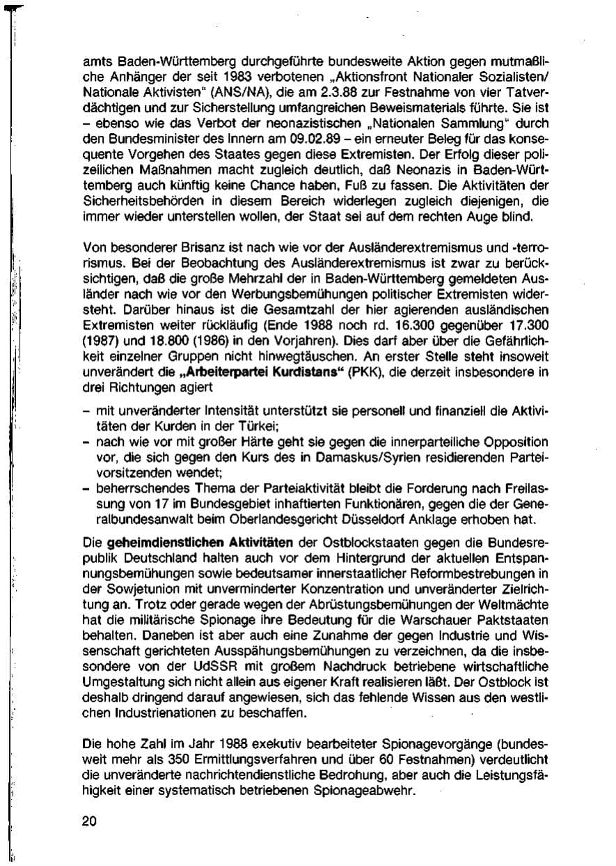 Seite 22 des Verfassungsschutzbericht 1988 Baden-Württemberg