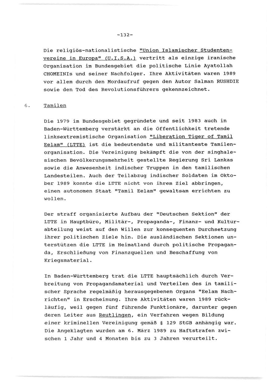 Seite 133 des Verfassungsschutzbericht 1989 Baden-Württemberg