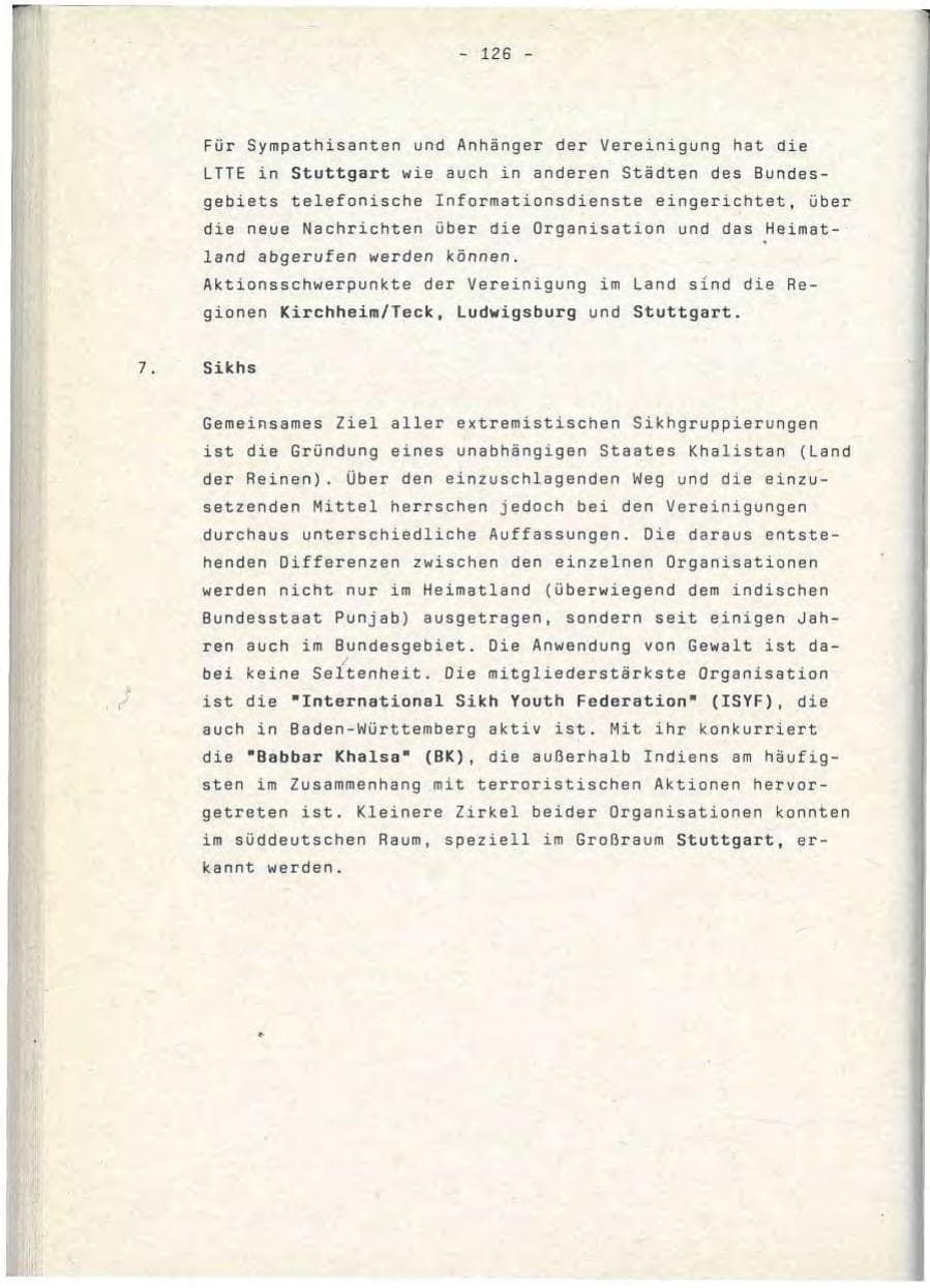 Seite 126 des Verfassungsschutzbericht 1990 Baden-Württemberg