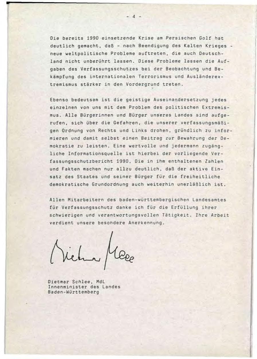 Seite 4 des Verfassungsschutzbericht 1990 Baden-Württemberg