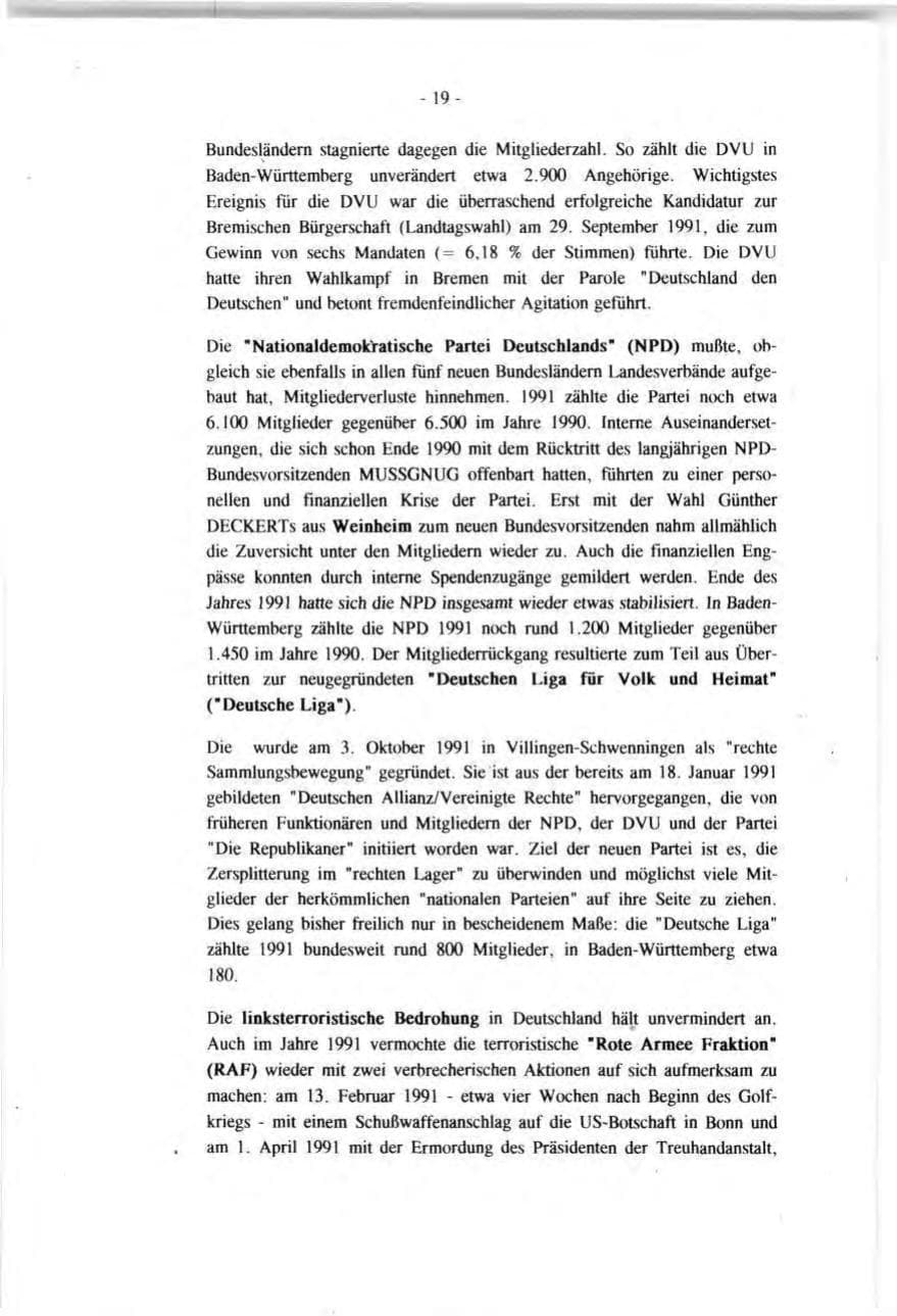 Seite 19 des Verfassungsschutzbericht 1991 Baden-Württemberg