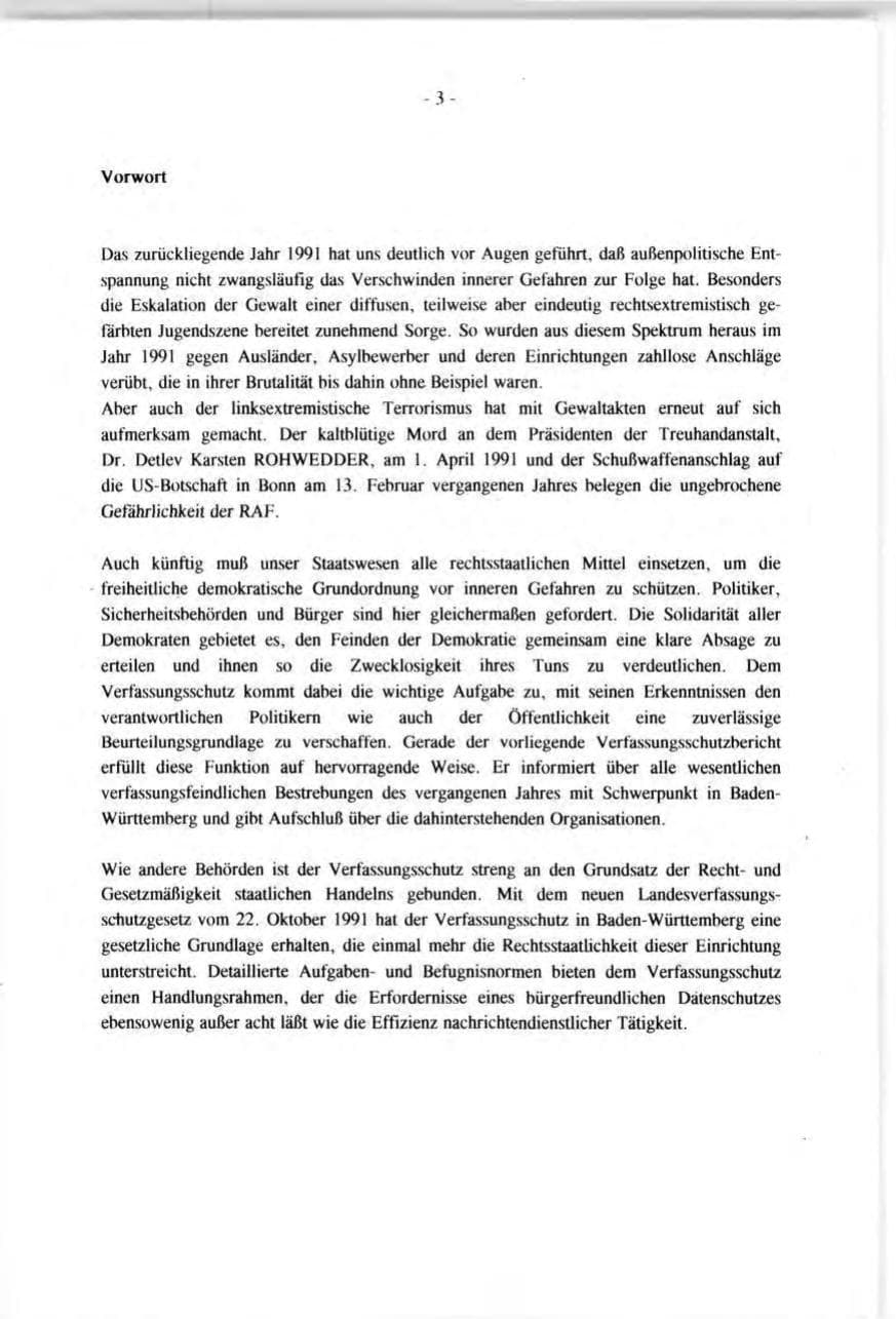 Seite 3 des Verfassungsschutzbericht 1991 Baden-Württemberg