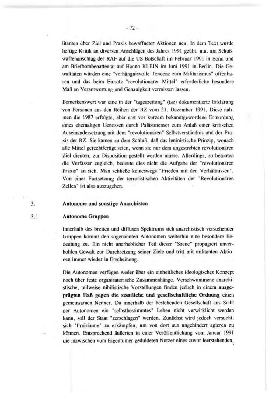 Seite 72 des Verfassungsschutzbericht 1991 Baden-Württemberg
