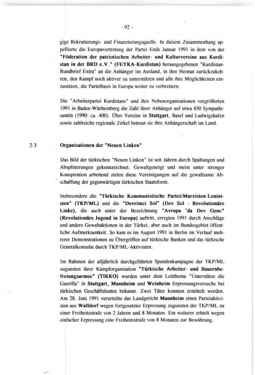 Seite 92 des Verfassungsschutzbericht 1991 Baden-Württemberg