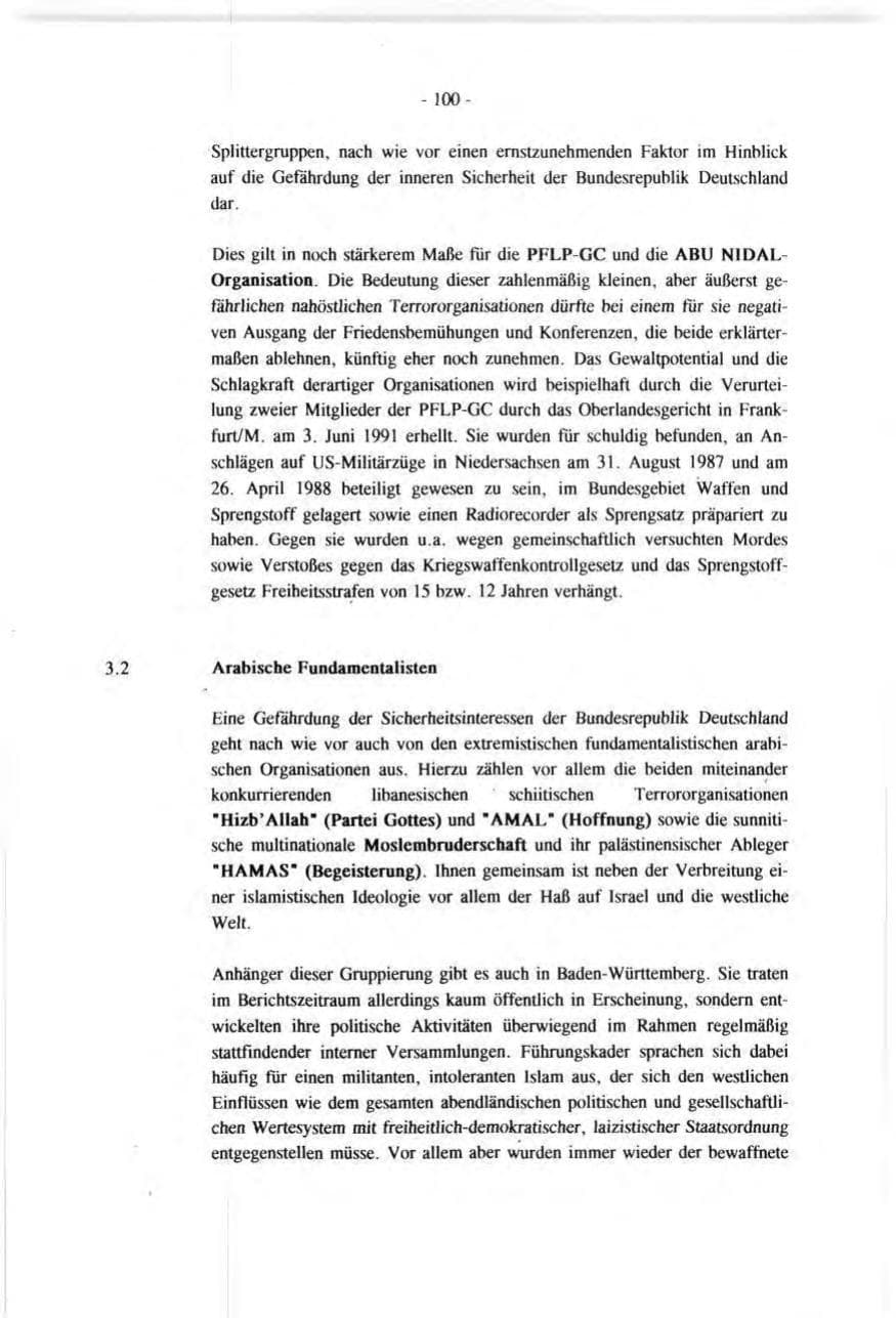 Seite 100 des Verfassungsschutzbericht 1991 Baden-Württemberg