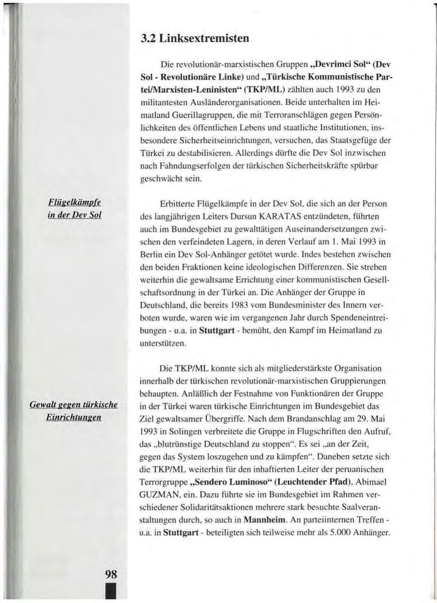Seite 102 des Verfassungsschutzbericht 1993 Baden-Württemberg