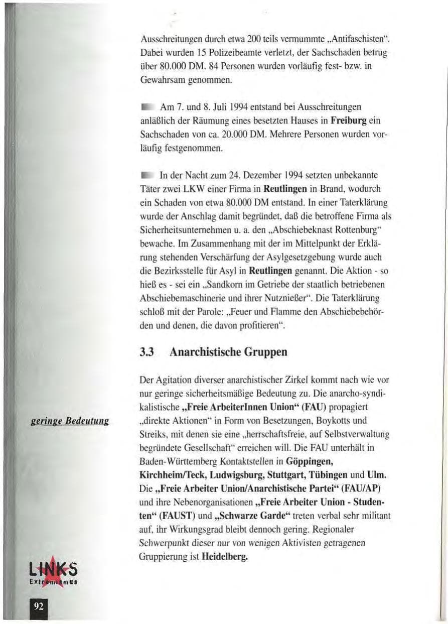 Seite 96 des Verfassungsschutzbericht 1994 Baden-Württemberg