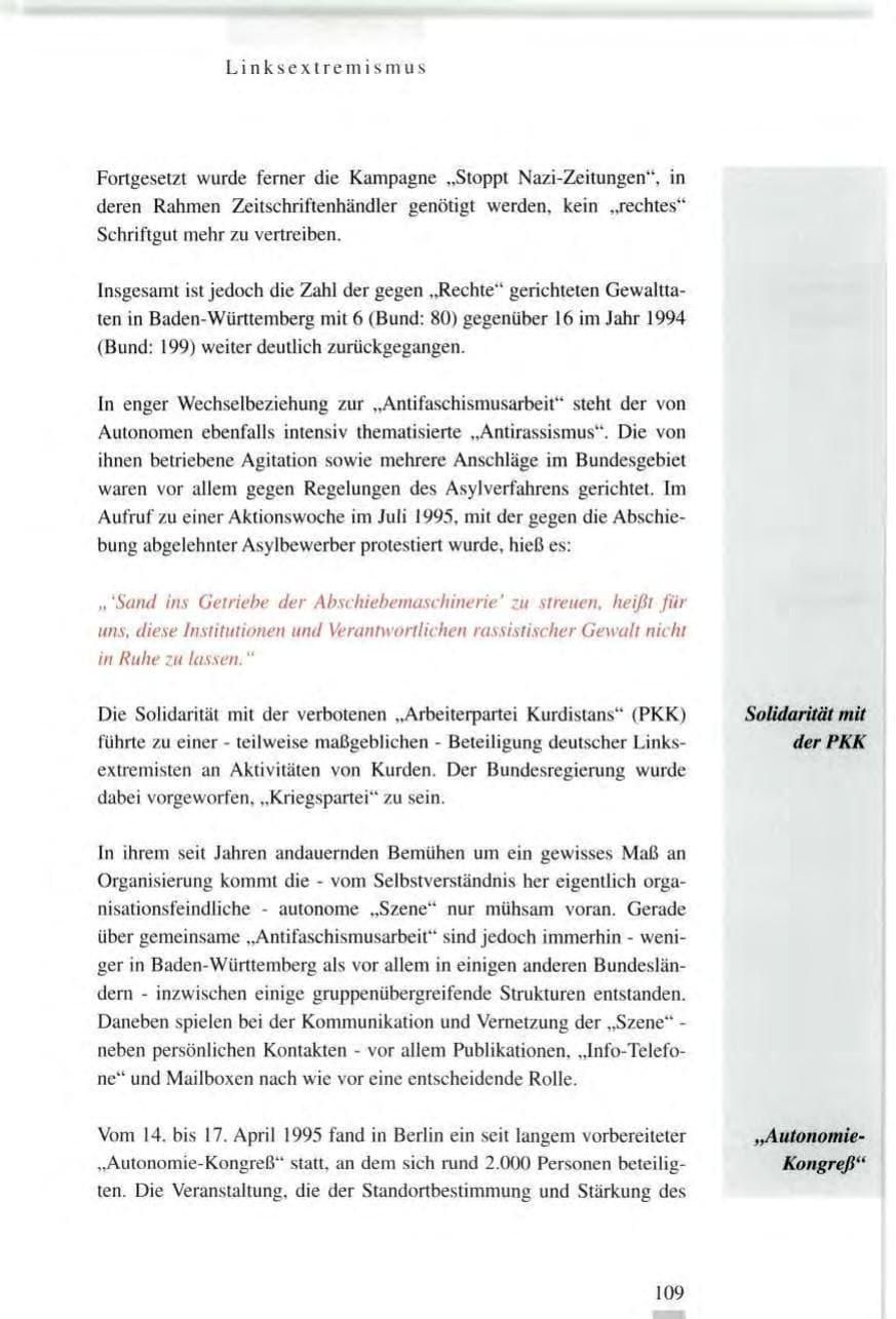 Seite 109 des Verfassungsschutzbericht 1995 Baden-Württemberg