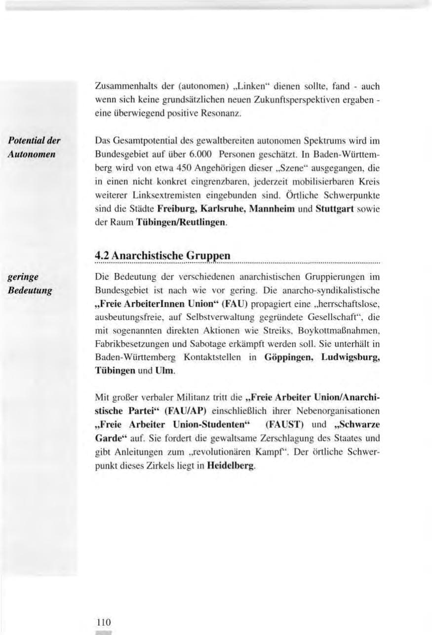 Seite 110 des Verfassungsschutzbericht 1995 Baden-Württemberg