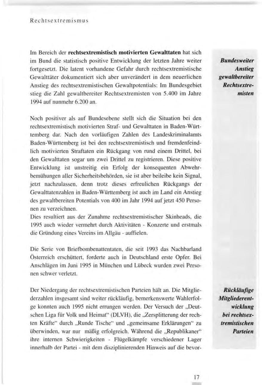 Seite 17 des Verfassungsschutzbericht 1995 Baden-Württemberg