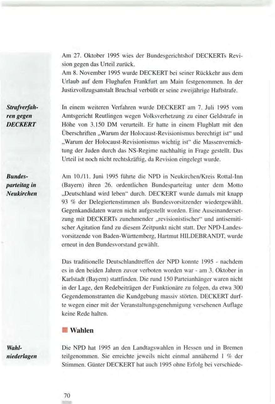 Seite 70 des Verfassungsschutzbericht 1995 Baden-Württemberg