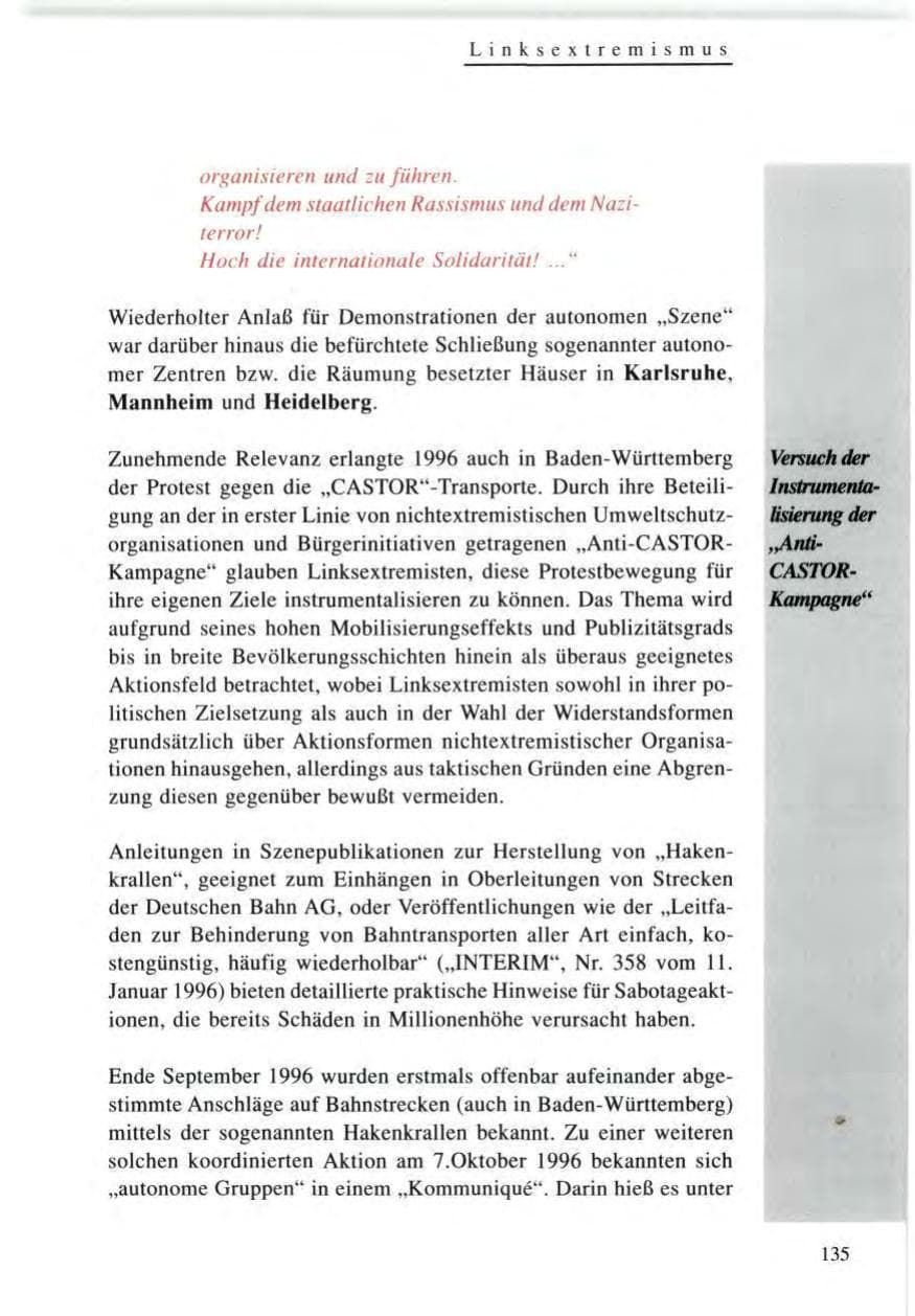 Seite 135 des Verfassungsschutzbericht 1996 Baden-Württemberg