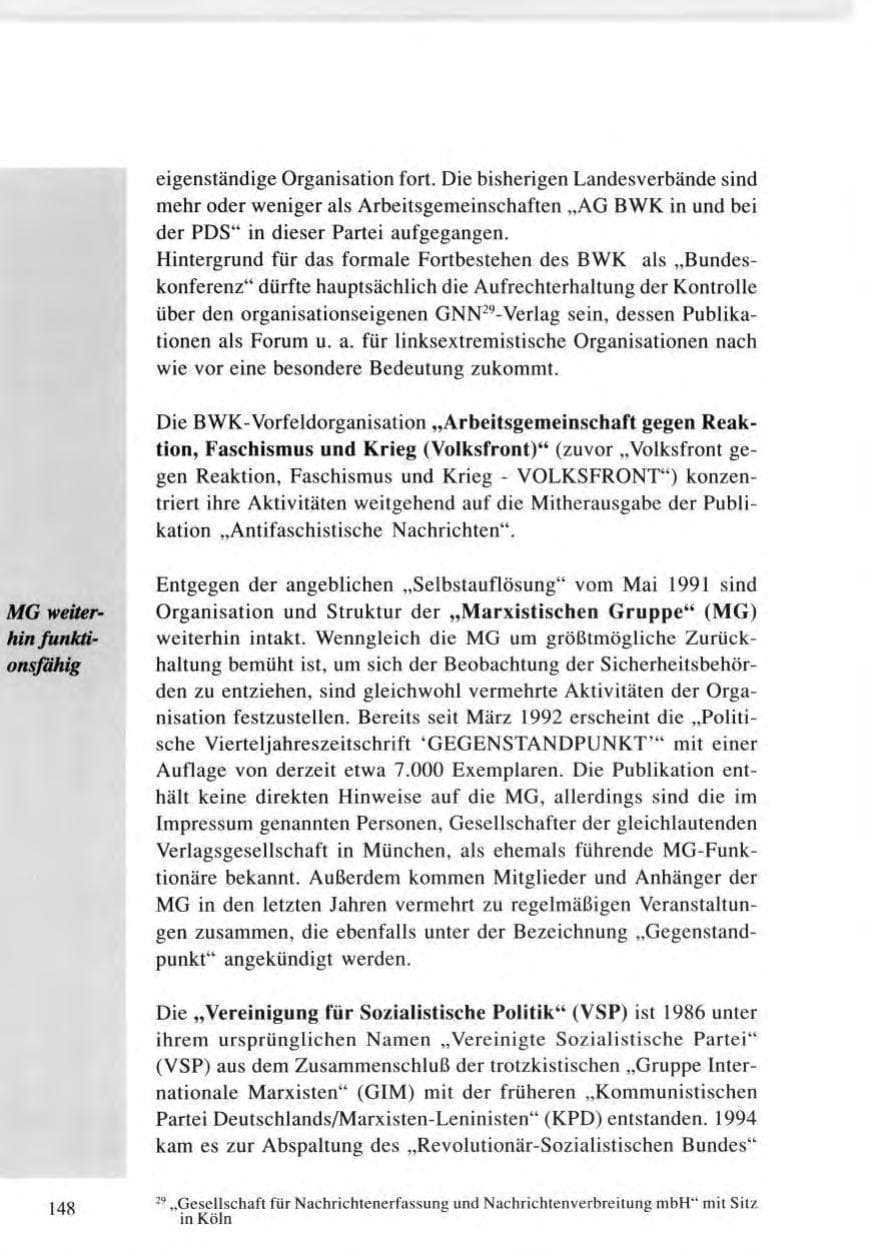 Seite 148 des Verfassungsschutzbericht 1996 Baden-Württemberg