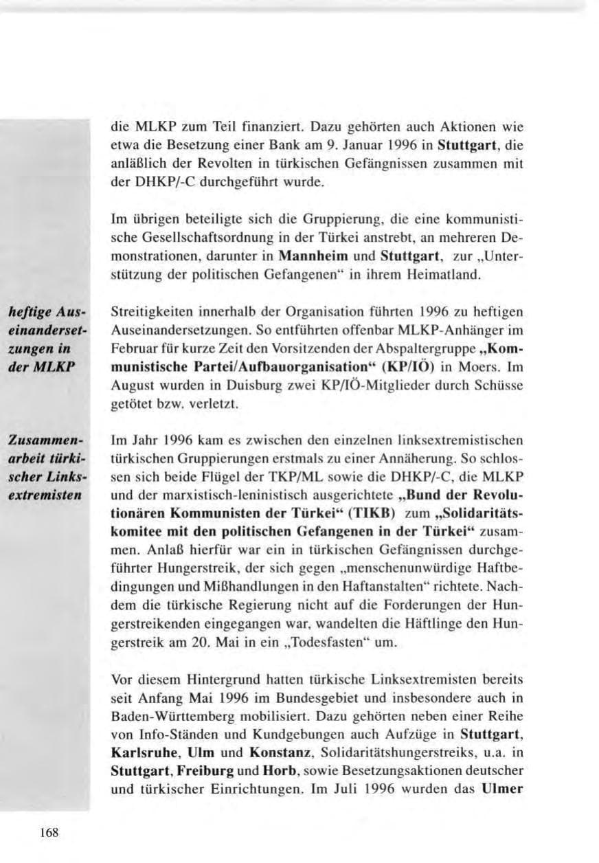 Seite 168 des Verfassungsschutzbericht 1996 Baden-Württemberg