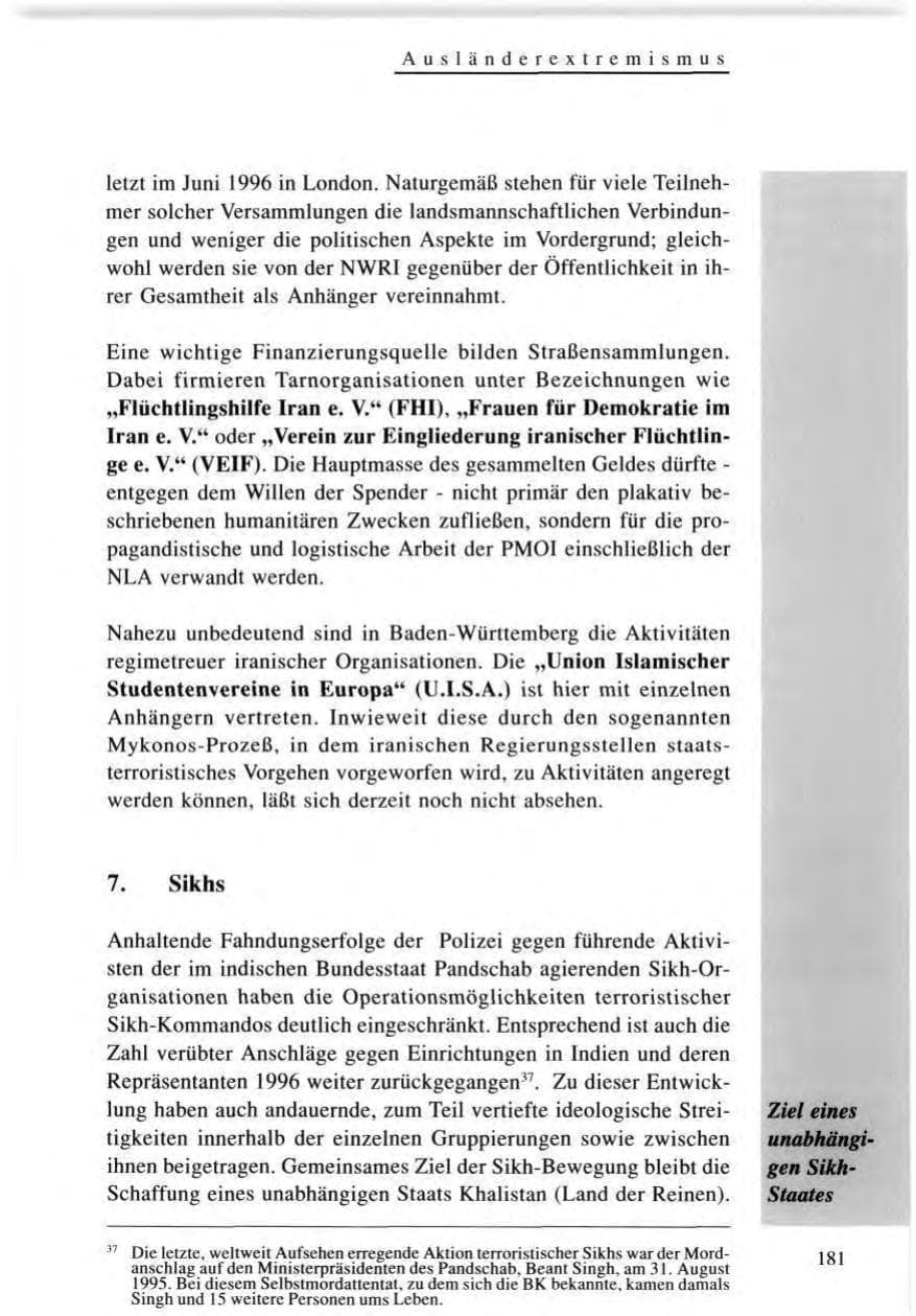 Seite 181 des Verfassungsschutzbericht 1996 Baden-Württemberg
