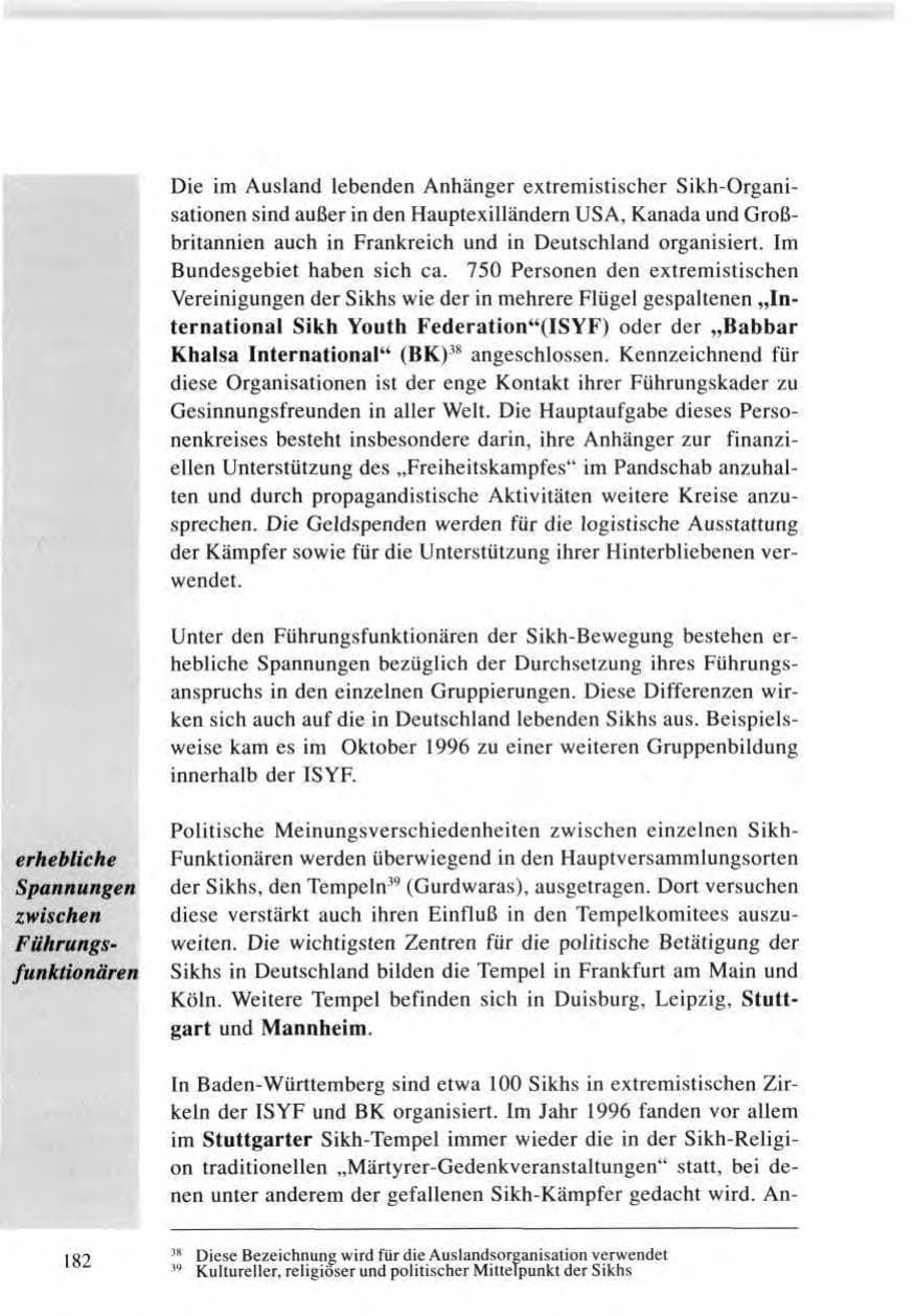 Seite 182 des Verfassungsschutzbericht 1996 Baden-Württemberg