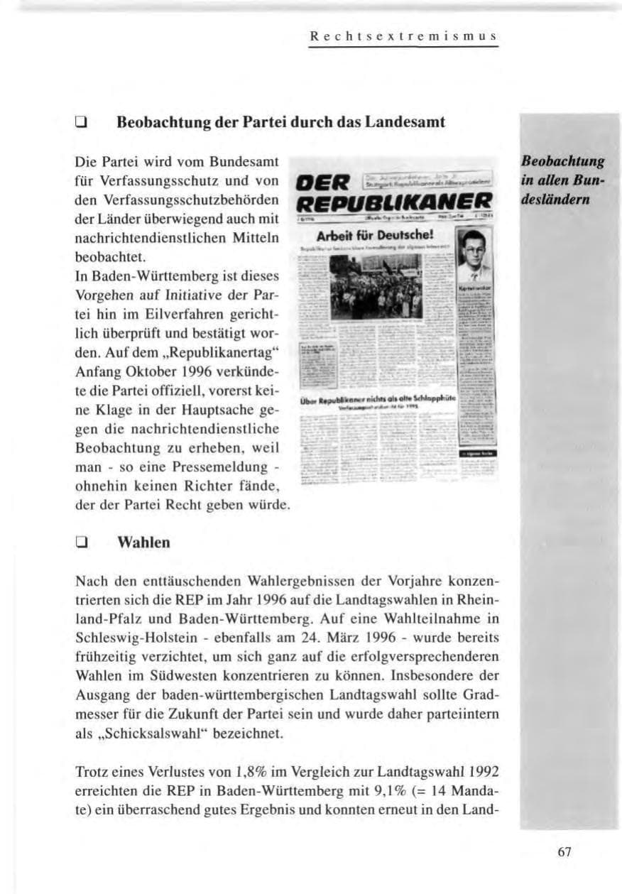 Seite 67 des Verfassungsschutzbericht 1996 Baden-Württemberg