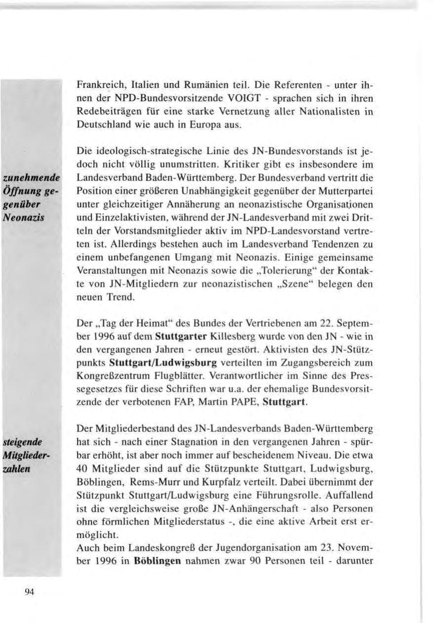 Seite 94 des Verfassungsschutzbericht 1996 Baden-Württemberg