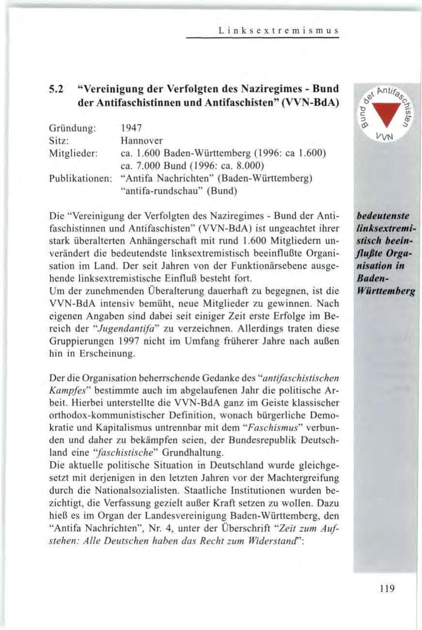 Seite 121 des Verfassungsschutzbericht 1997 Baden-Württemberg