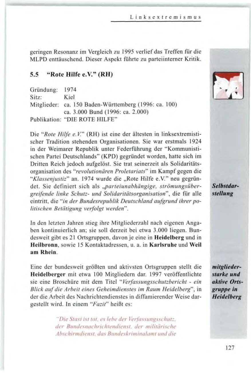 Seite 129 des Verfassungsschutzbericht 1997 Baden-Württemberg