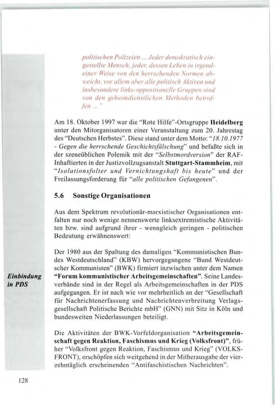 Seite 130 des Verfassungsschutzbericht 1997 Baden-Württemberg