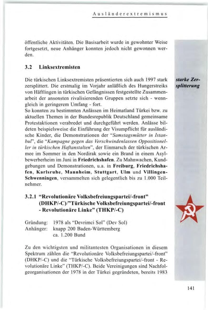 Seite 143 des Verfassungsschutzbericht 1997 Baden-Württemberg