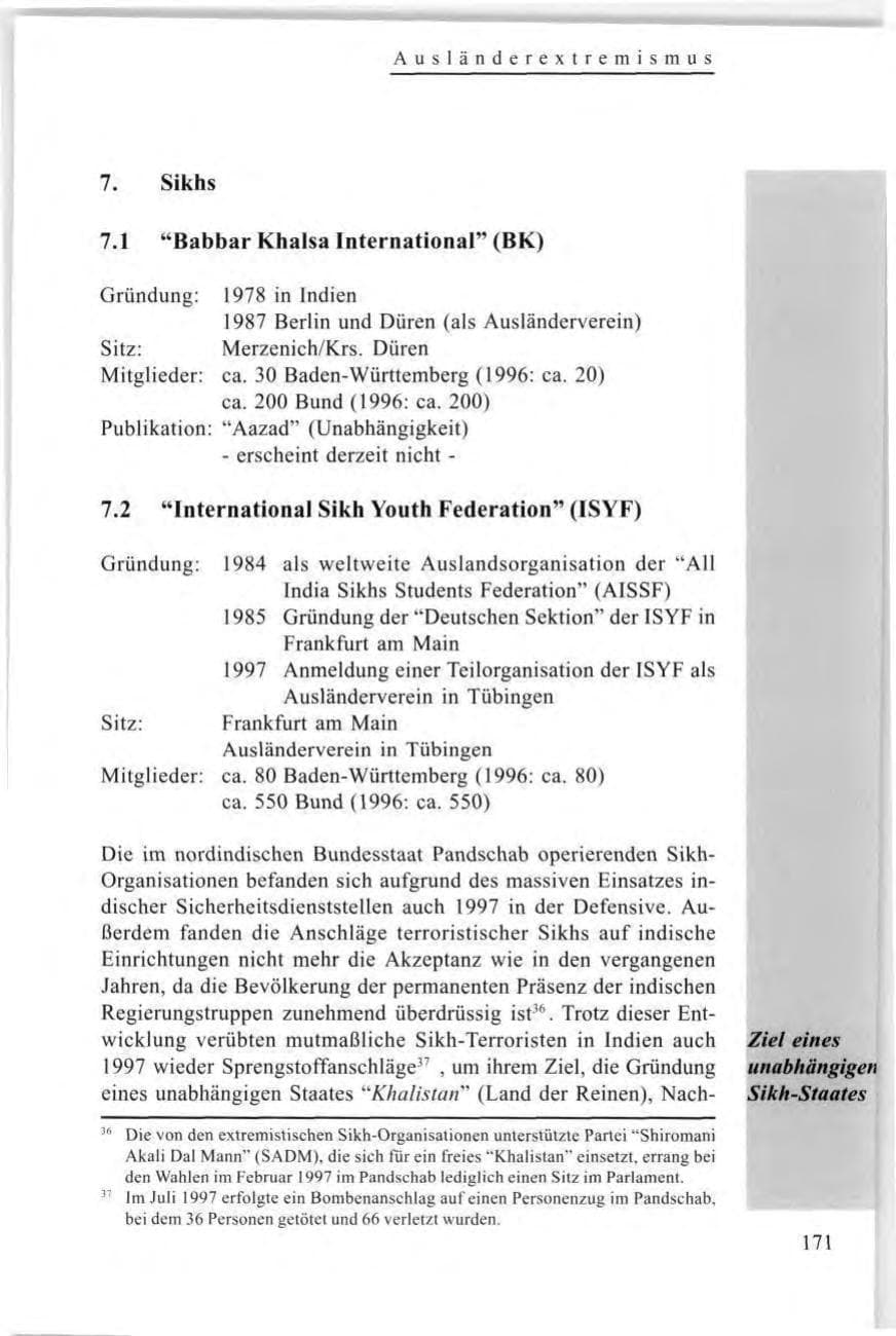 Seite 173 des Verfassungsschutzbericht 1997 Baden-Württemberg