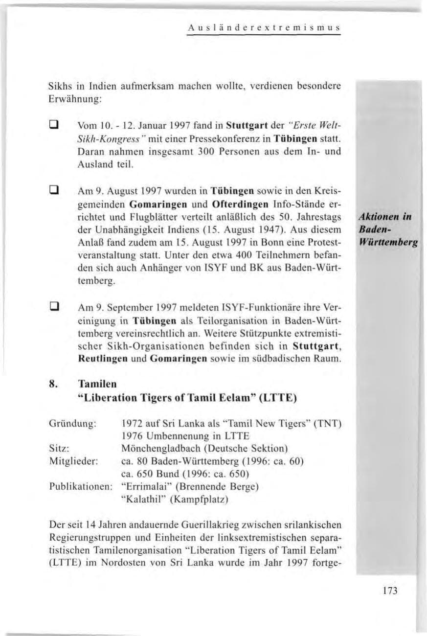 Seite 175 des Verfassungsschutzbericht 1997 Baden-Württemberg