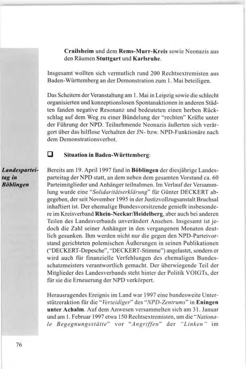 Seite 78 des Verfassungsschutzbericht 1997 Baden-Württemberg
