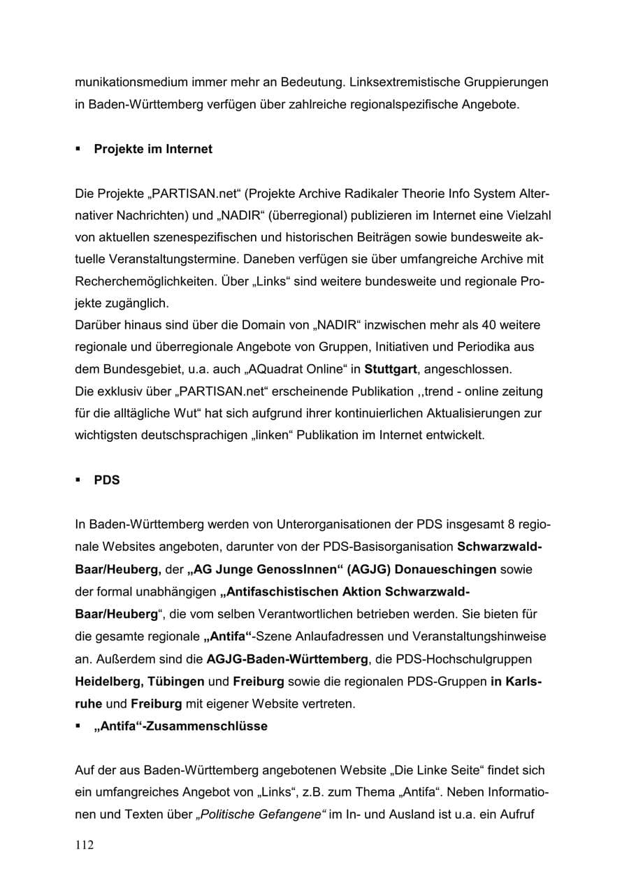 Seite 112 des Verfassungsschutzbericht 1999 Baden-Württemberg