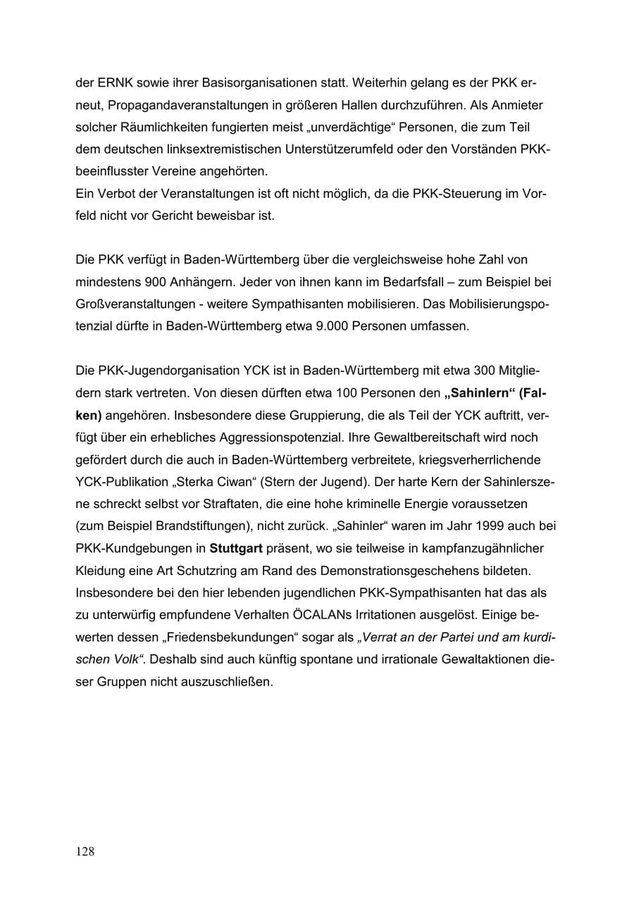 Seite 128 des Verfassungsschutzbericht 1999 Baden-Württemberg