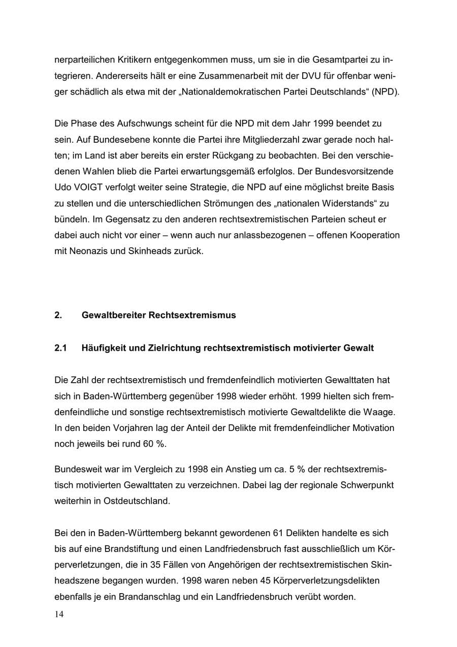 Seite 14 des Verfassungsschutzbericht 1999 Baden-Württemberg