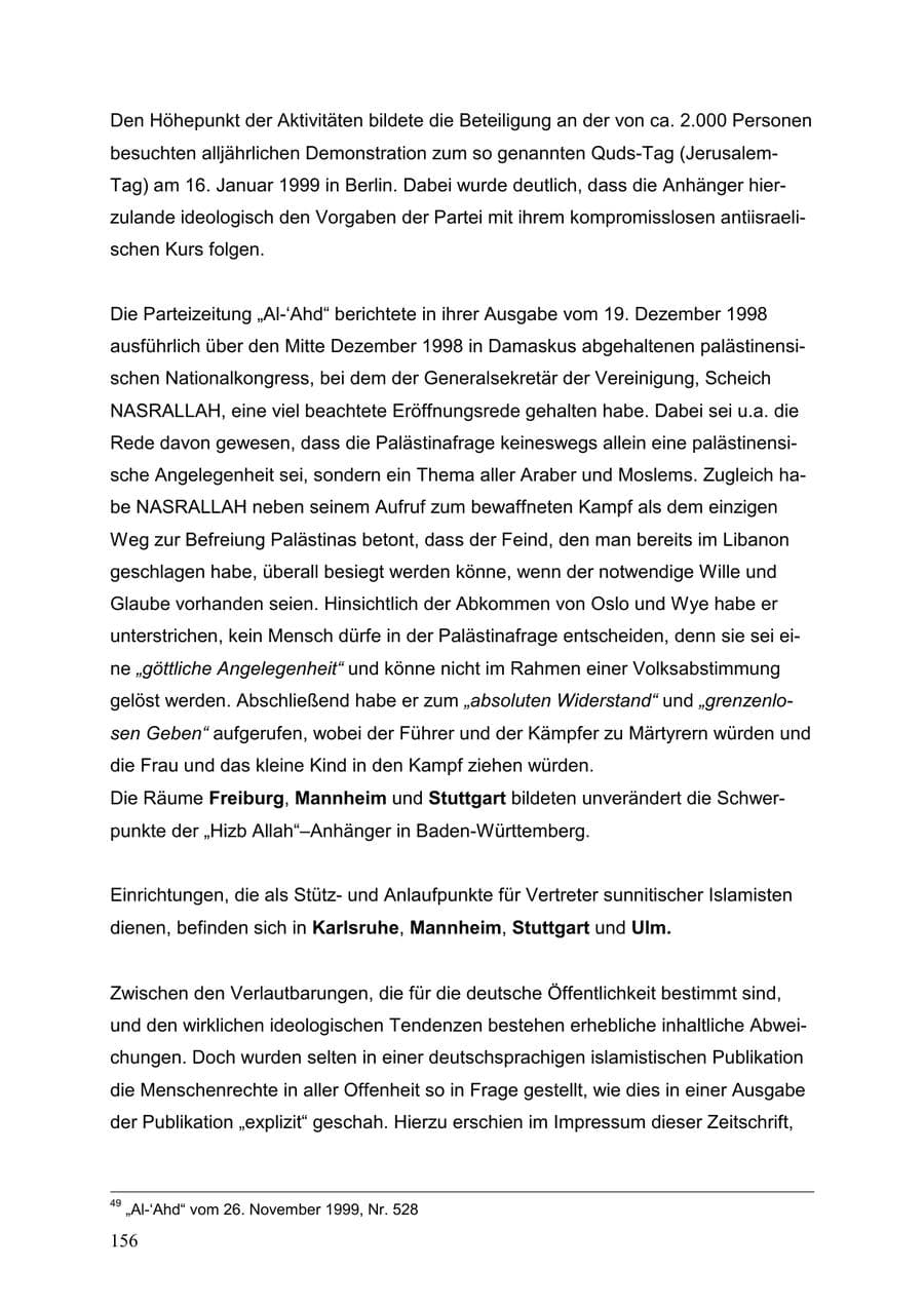 Seite 156 des Verfassungsschutzbericht 1999 Baden-Württemberg