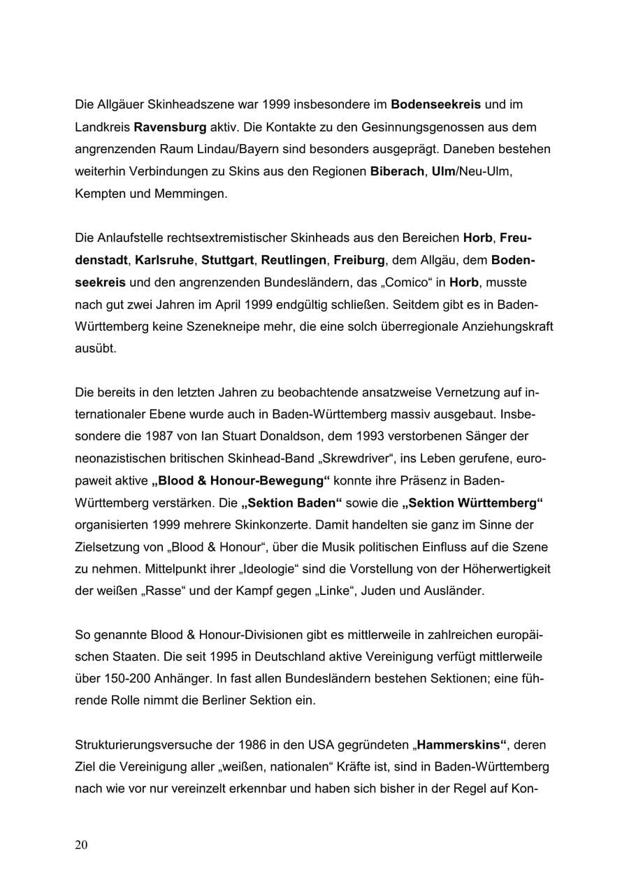 Seite 20 des Verfassungsschutzbericht 1999 Baden-Württemberg