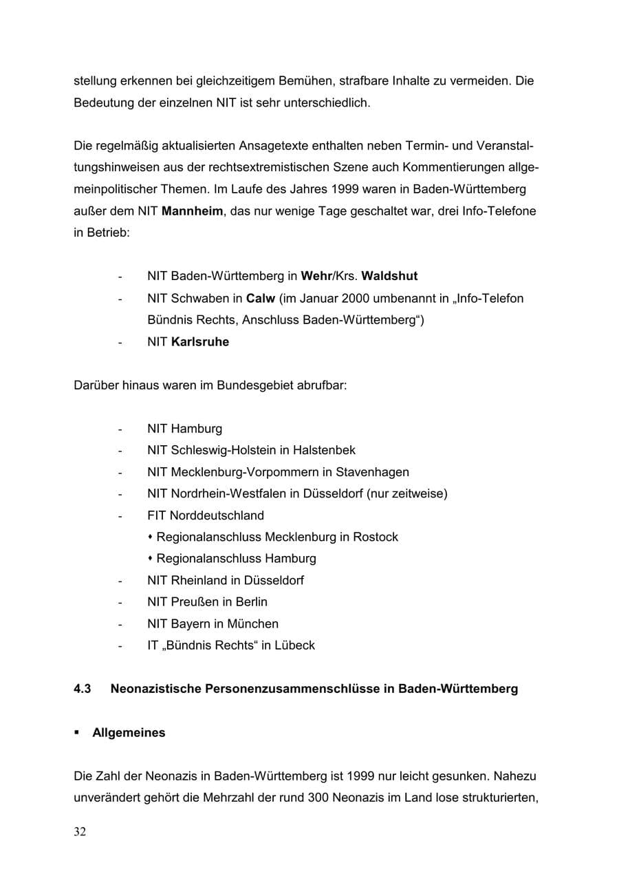 Seite 32 des Verfassungsschutzbericht 1999 Baden-Württemberg