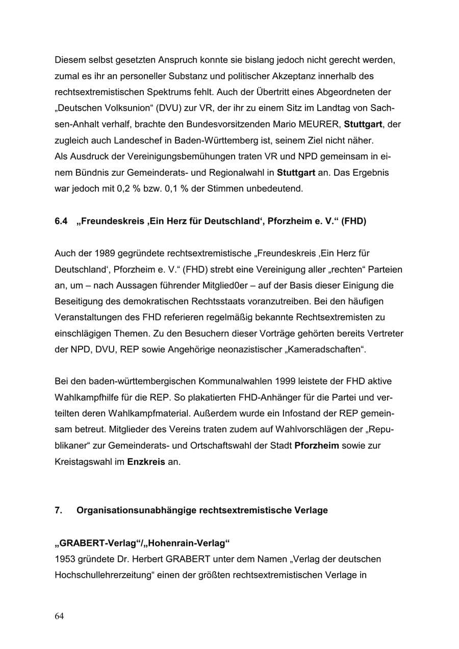 Seite 64 des Verfassungsschutzbericht 1999 Baden-Württemberg