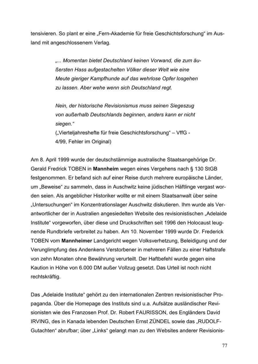 Seite 77 des Verfassungsschutzbericht 1999 Baden-Württemberg