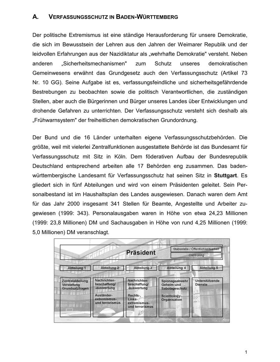 Seite 1 des Verfassungsschutzbericht 2000 Baden-Württemberg