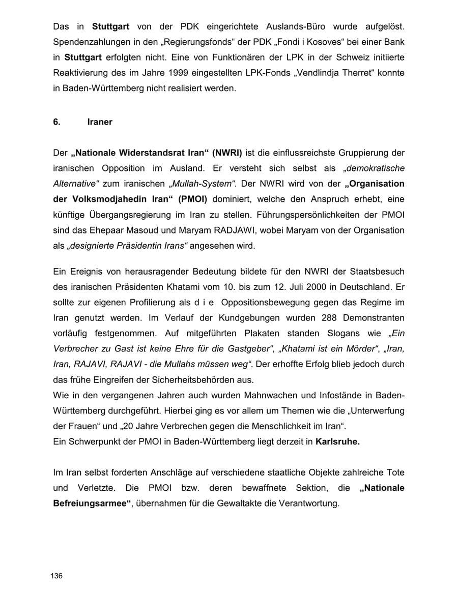 Seite 136 des Verfassungsschutzbericht 2000 Baden-Württemberg