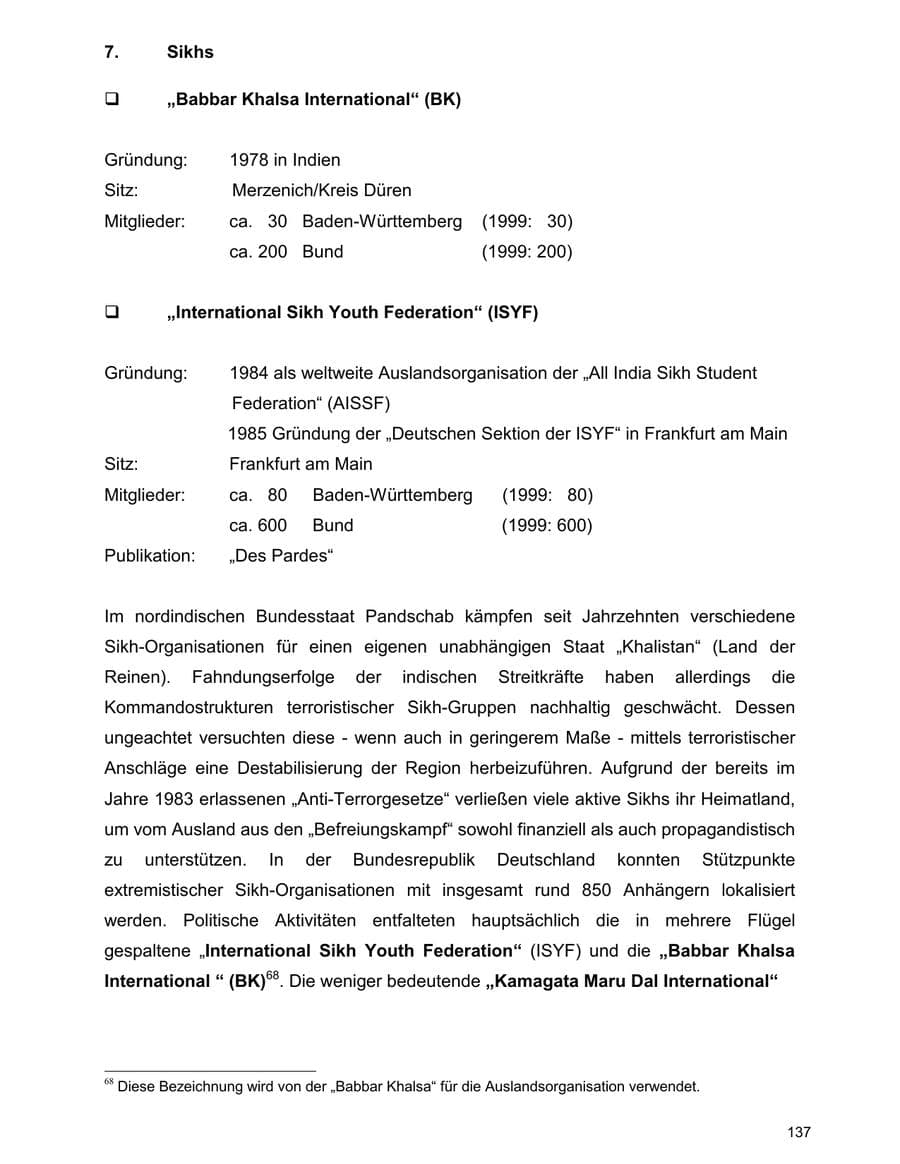 Seite 137 des Verfassungsschutzbericht 2000 Baden-Württemberg