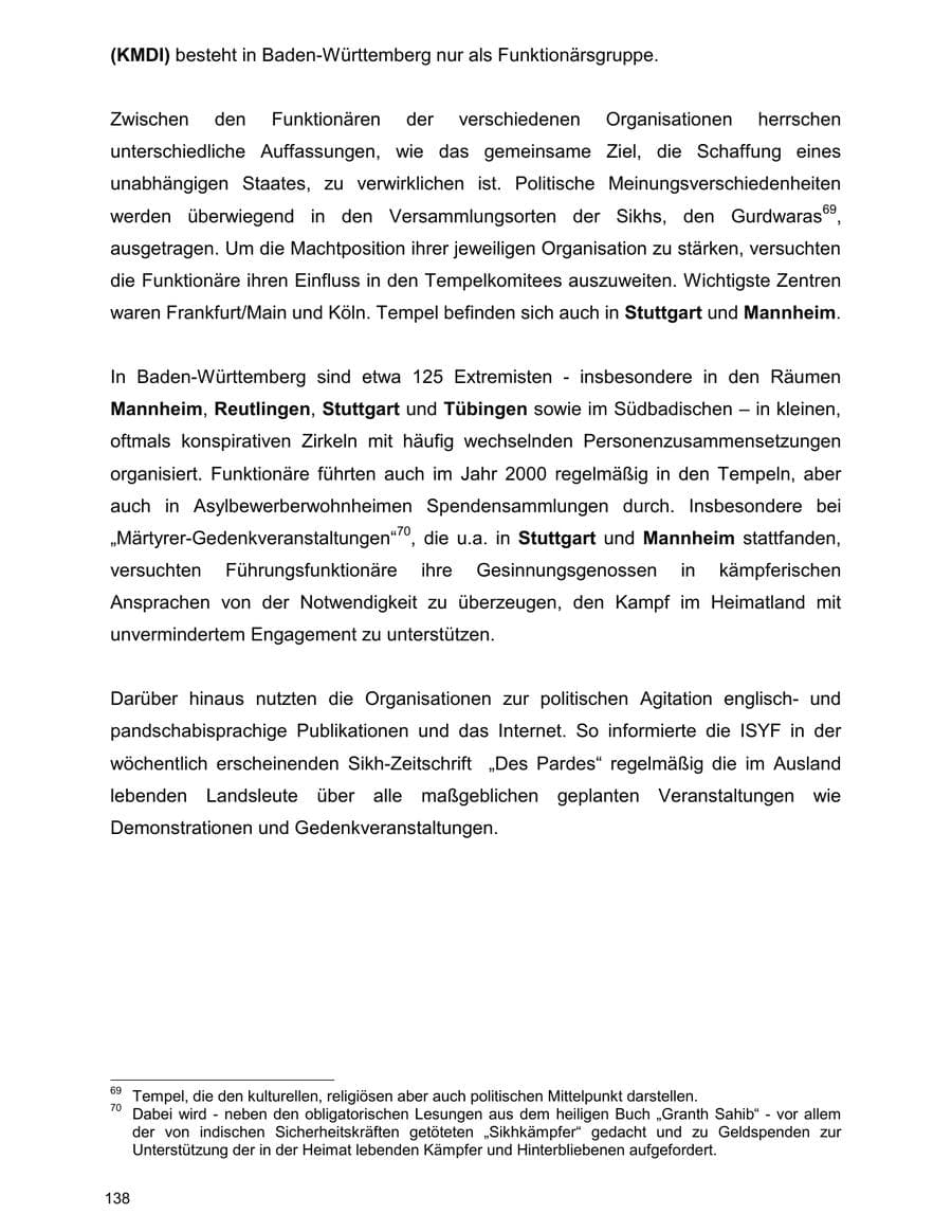 Seite 138 des Verfassungsschutzbericht 2000 Baden-Württemberg