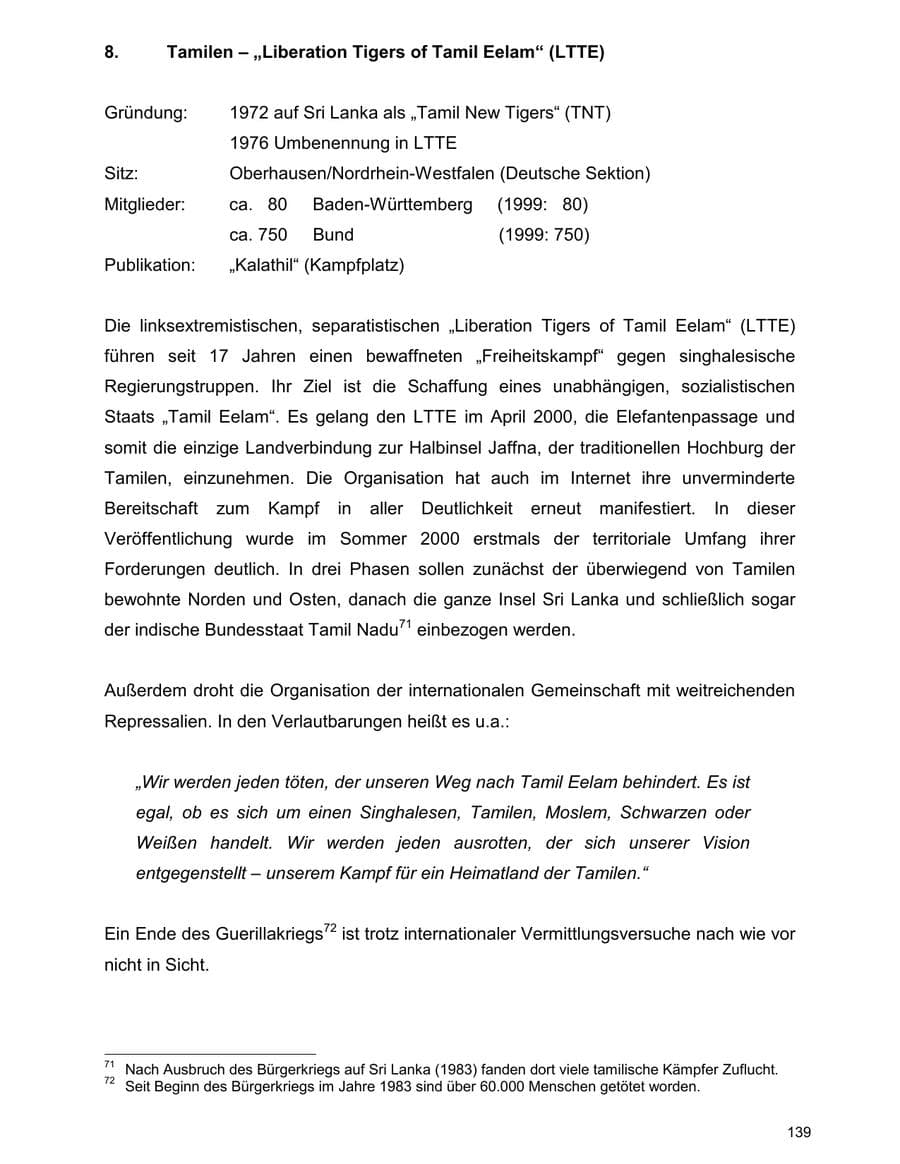 Seite 139 des Verfassungsschutzbericht 2000 Baden-Württemberg