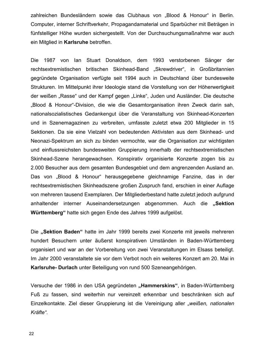 Seite 22 des Verfassungsschutzbericht 2000 Baden-Württemberg