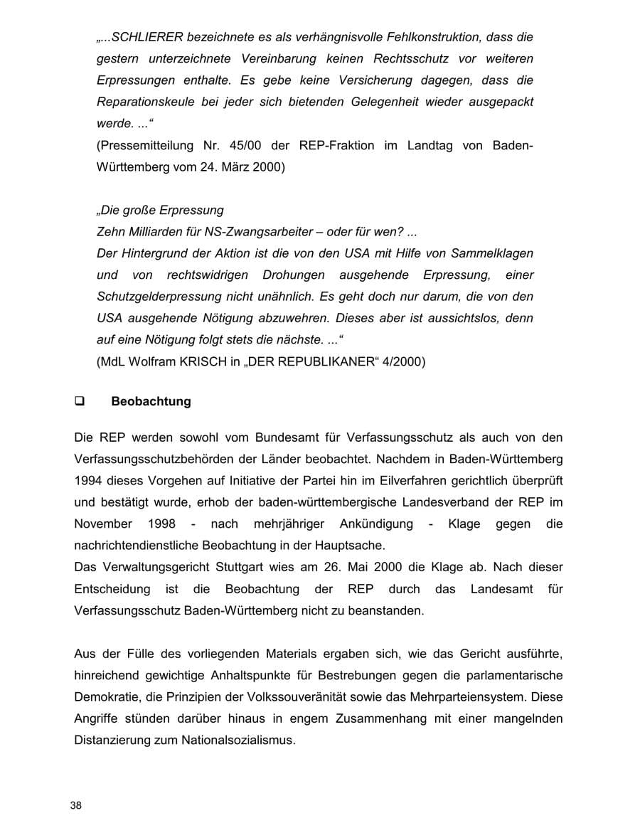 Seite 38 des Verfassungsschutzbericht 2000 Baden-Württemberg