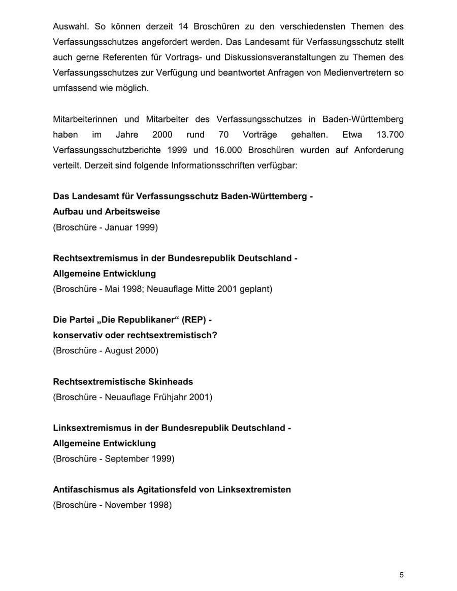 Seite 5 des Verfassungsschutzbericht 2000 Baden-Württemberg